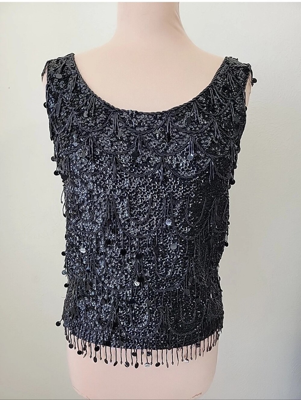Vintage Black Sequin Fringe Beaded Scoop Neck Evening Top